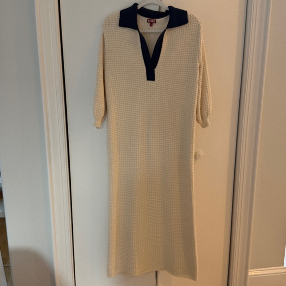 STAUD Cream and Navy Textured Knit Dress